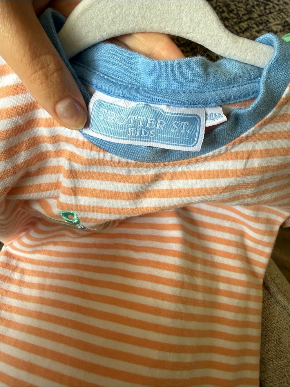 Trotter Street Kids' Orange & White Stripe Tee with Blue Trim and Beach Patch - Picture 4 of 4
